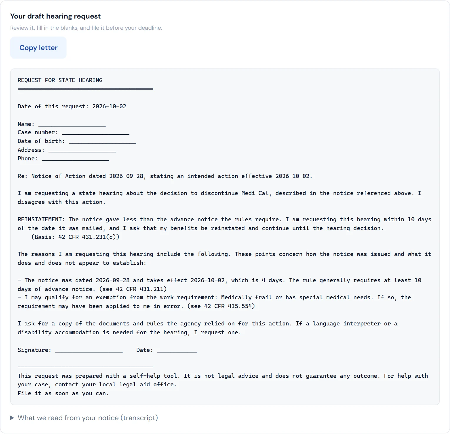 A draft hearing request with blanks for name, case number, and signature