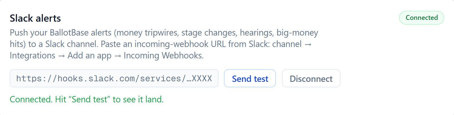 PolicySpan Slack alerts settings card showing a connected incoming webhook with Send test and Disconnect buttons